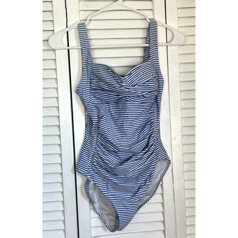 Nip Tuck Swimwear Size 4 One Piece Swimsuit Blue Striped Ruched‎ Multi Fit Cup